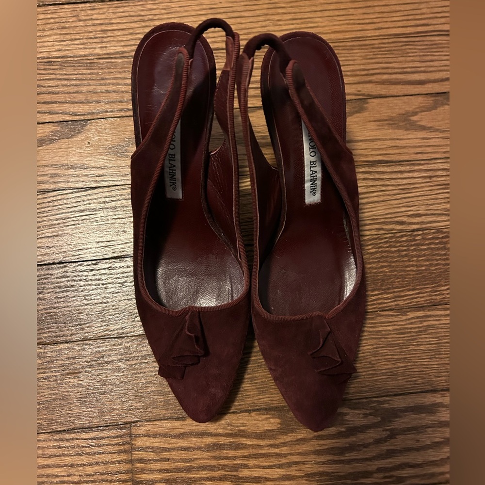 Manolo Blahnik Burgundy Suede Slingback Heels